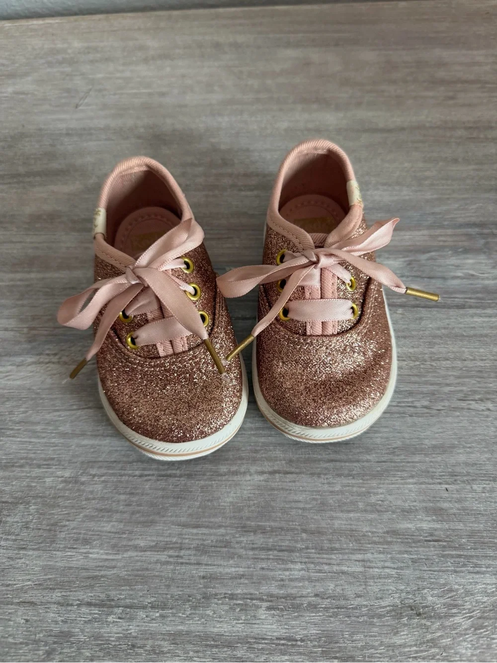 Keds Kate Spade Sparkly Rose Gold Glitter Baby Girl Sneakers Shoes Satin Laces 3